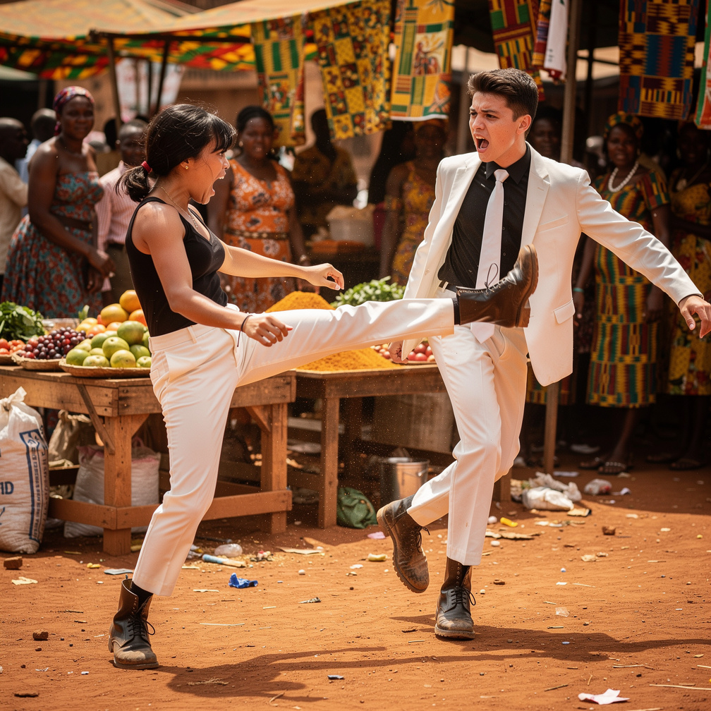 Olivia Chan kicks White boy Dominic Janssen Wears White Suit long Black shirt and white tie and Black boots  in  Ghana Early 