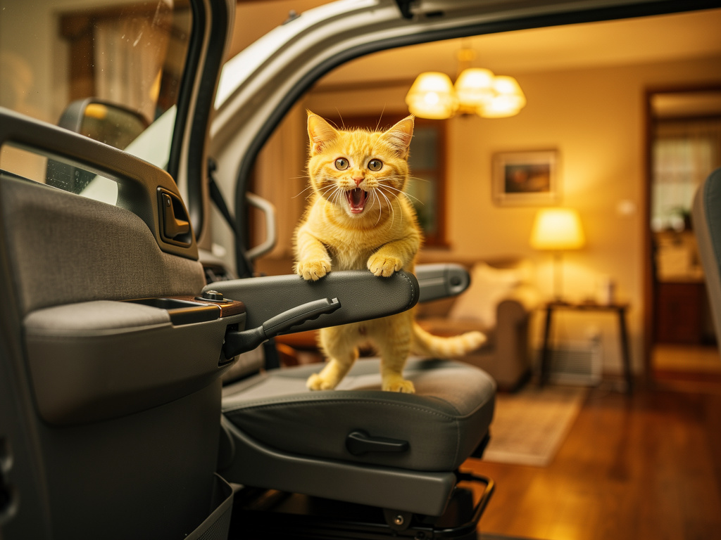 Kedi meow diye bağırıyor. Sonra biri onu evine götürüyor, kedi şoförün çıkıyor.