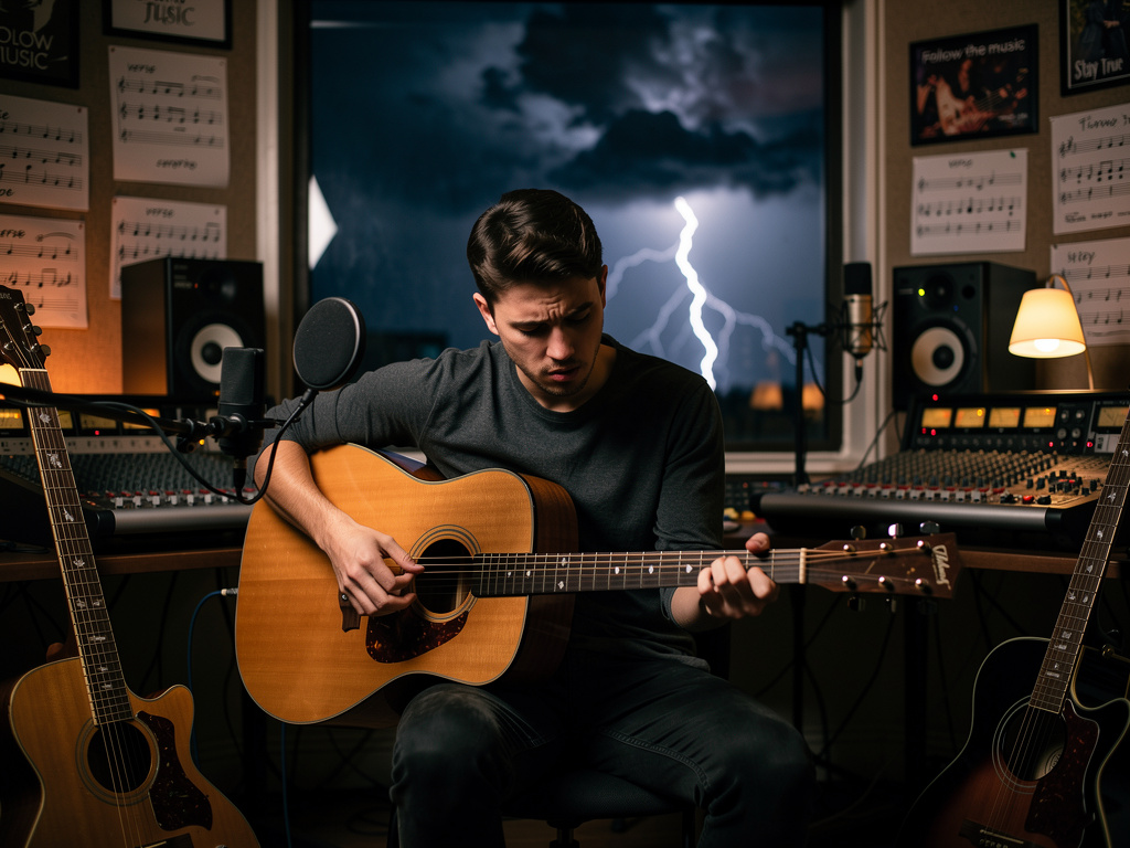 A girl is in love with him. He is in with music.