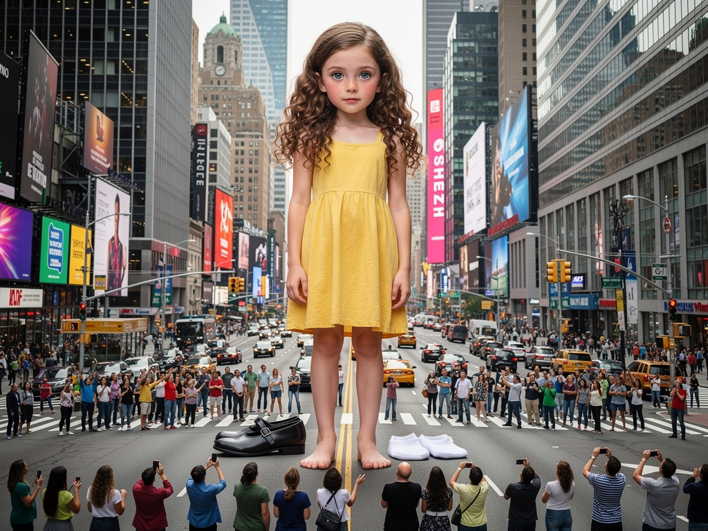 The building sized child girl shows her stinky feet to a crowd of tiny people.