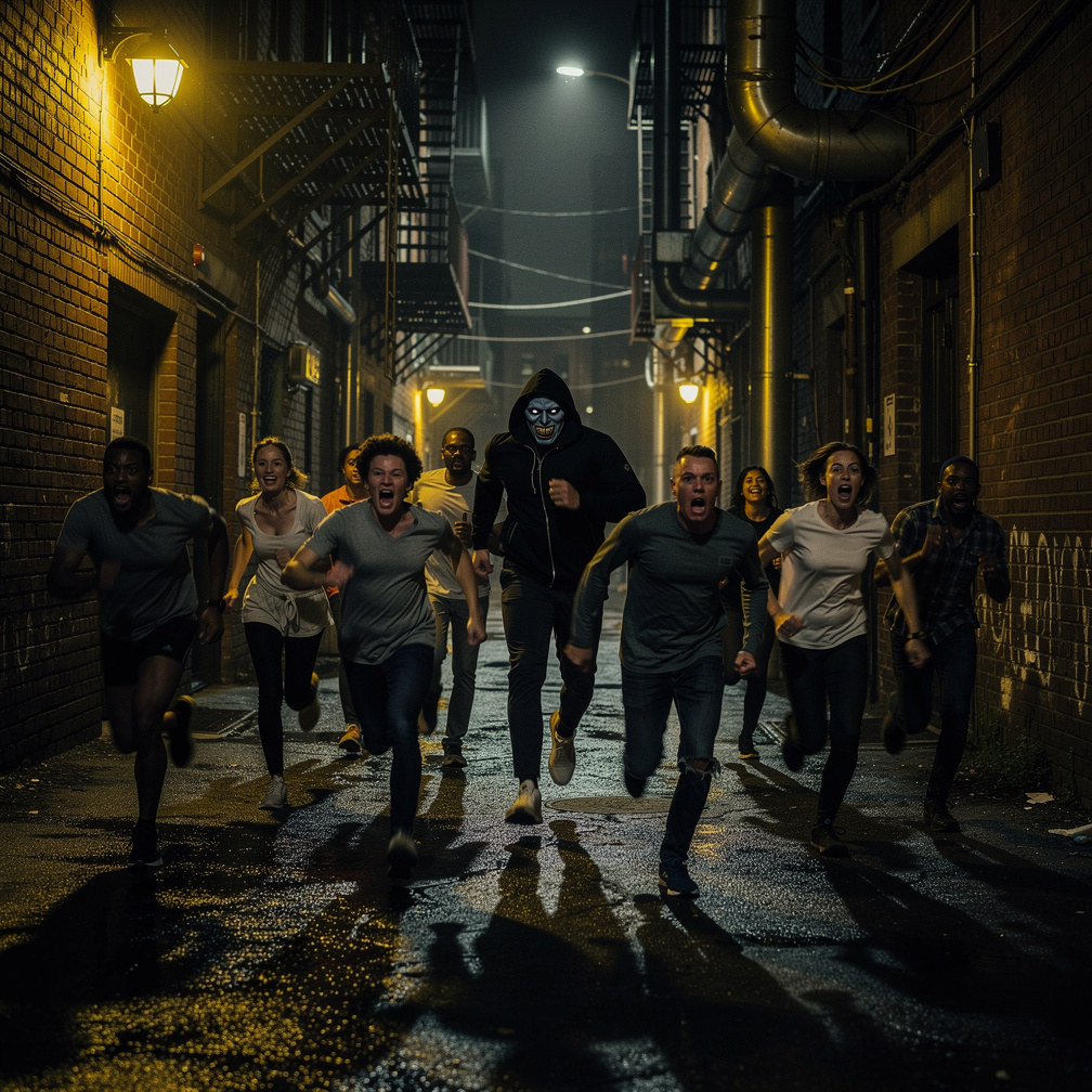 Imagine if: A Circle is terrorized by a stalker wearing a black jacket and hoodie and his face is very scary, a man's face is