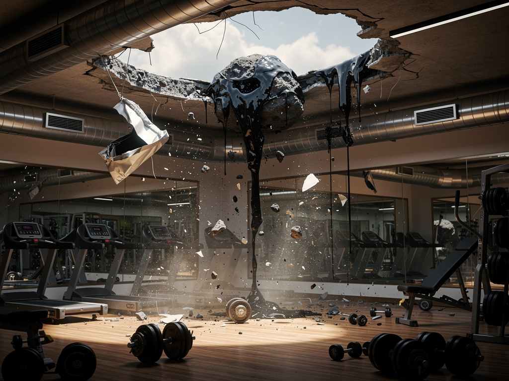 Imagine if: An alien made of black goo crashes down in a small asteroid into a gym's rooftop, entering its vents.