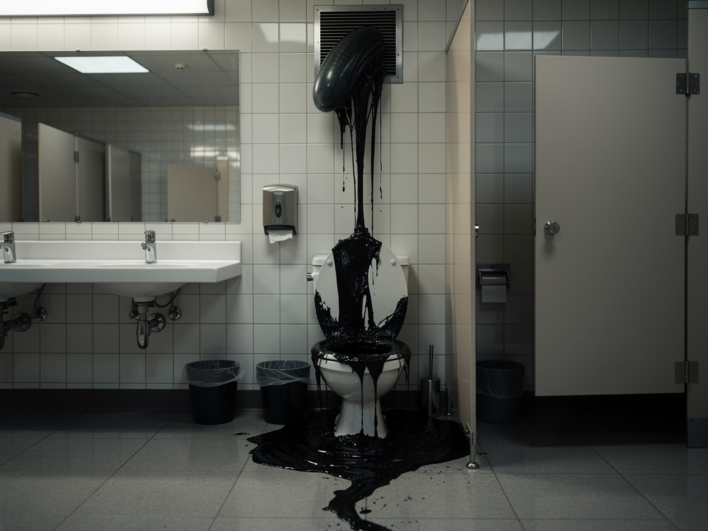 The alien gets into a toilet of the female restroom, completely unnoticed by any gymgoers.