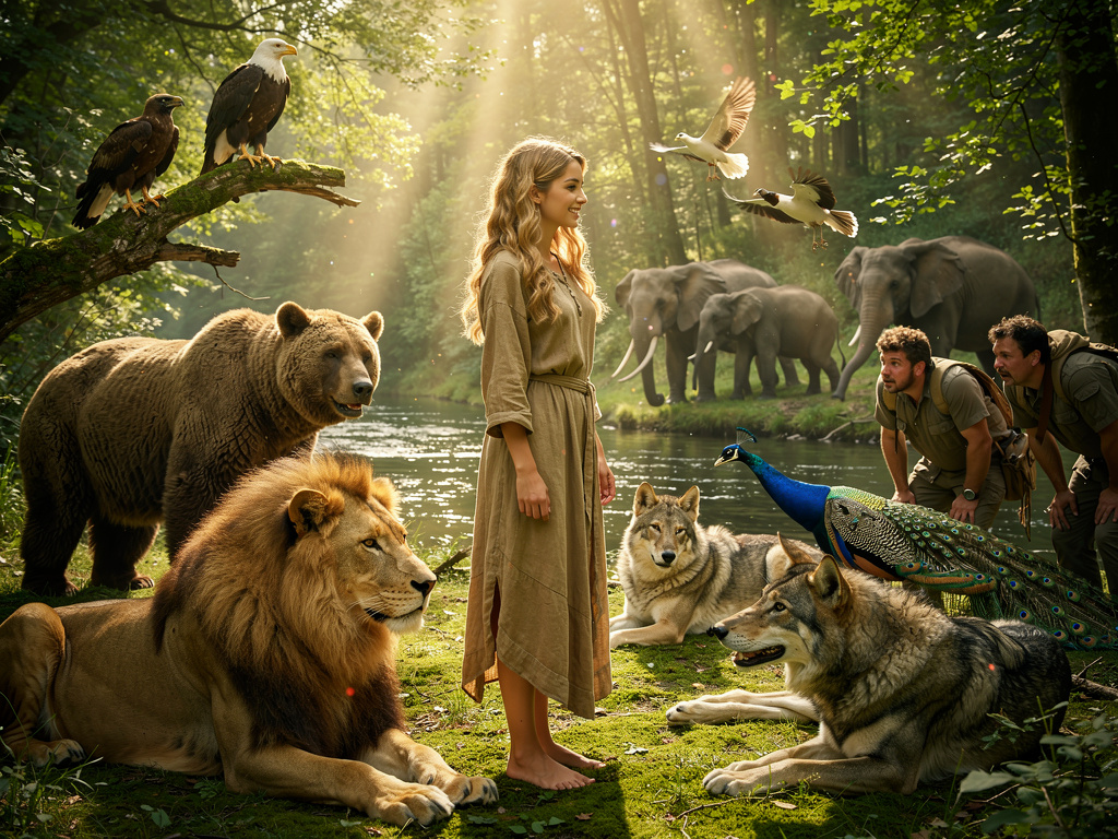 The champion man sent his men to search for her. They saw her next to the river with those animals. They called him and told 