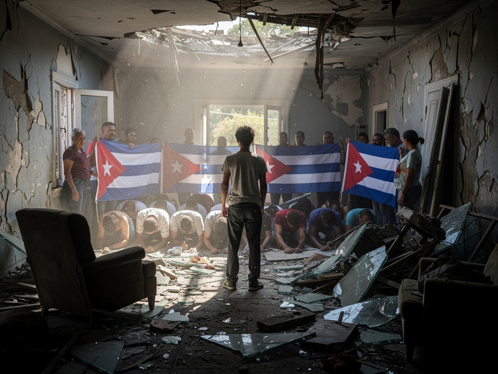 Imagina si: Estoy en una casa destruida con personas que agarran la bandera de Cuba, todo a mi alrededor está lleno de destru