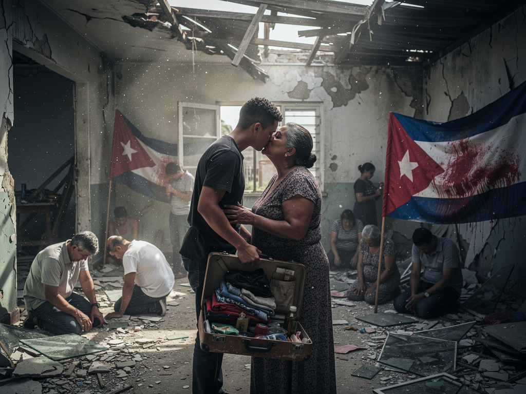 Esas personas sostienen banderas de Cuba manchadas de sangre , le doy un beso a mi madre la cual luce desarmada y me voy con 
