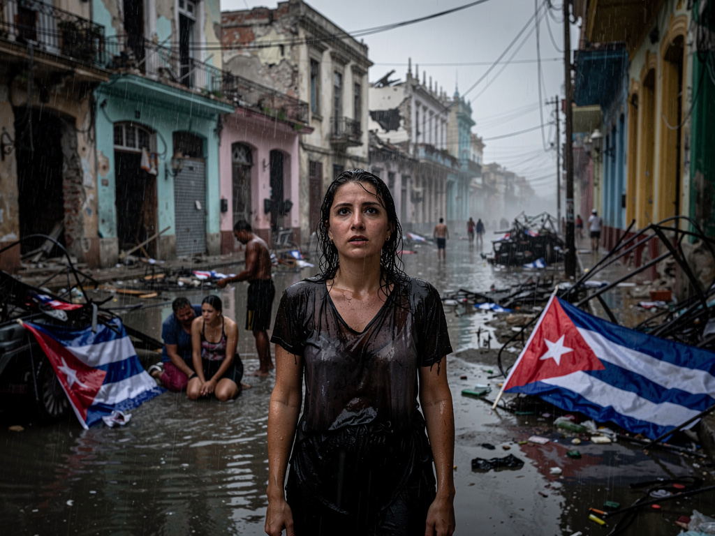 Recuerdo personas sufriendo en mi país , banderas de Cuba en el suelo siendo mojadas por la lluvia , Cuba encadenada , dolor 