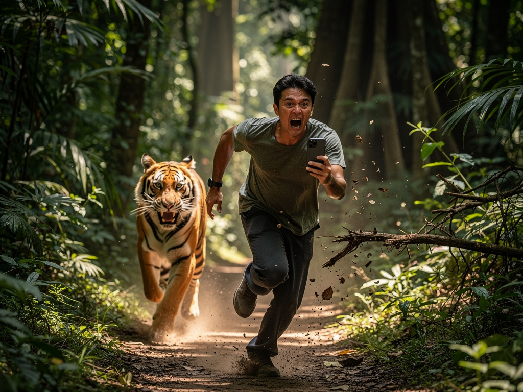 Imagine if: The tiger was frantically chasing the person, who was running away in panic while holding a mobile phone.
