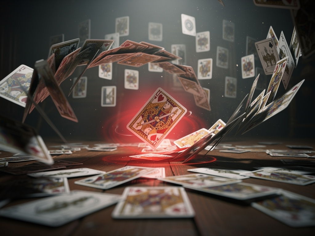 Imagine se: -3s: Macro em cartas espalhadas na mesa, câmera avança devagar.
3-5s: Dama de Espadas levita, gira 360° com brilh