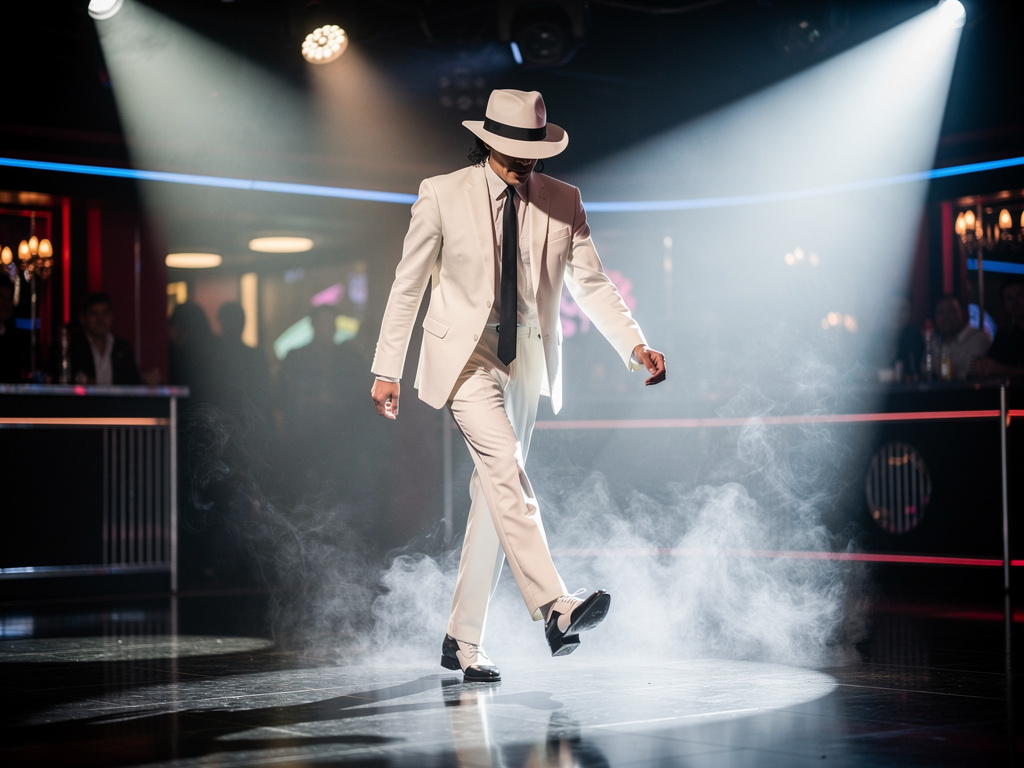Dançarino inspirado em Michael Jackson realizando o "moonwalk" em um clube noturno retrô. Vestido com terno branco, fedora co