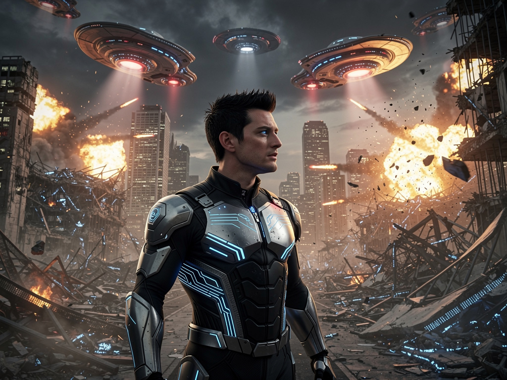 Imagina si: Haz un personaje con traje del tech jacket de invencible y vengan muchas naves alienígenas futuristas y destruyan