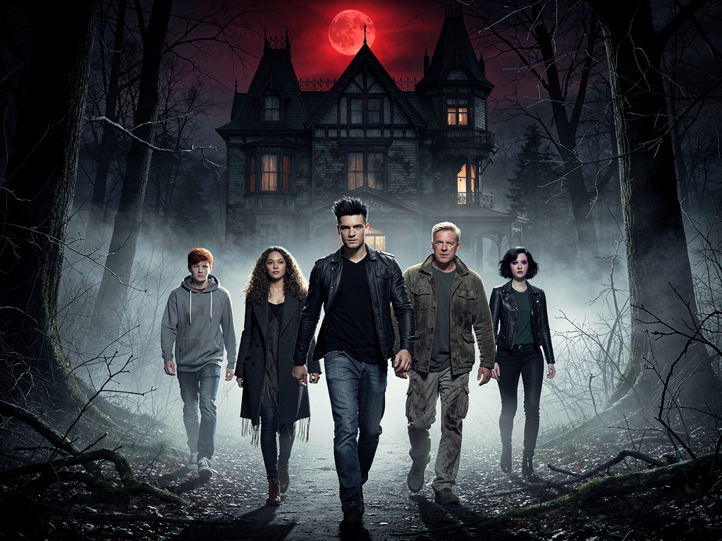 Imagine if: Wide shot of a dark Victorian mansion under a red moon, intense fog, cinematic lighting, anime style, high resolu