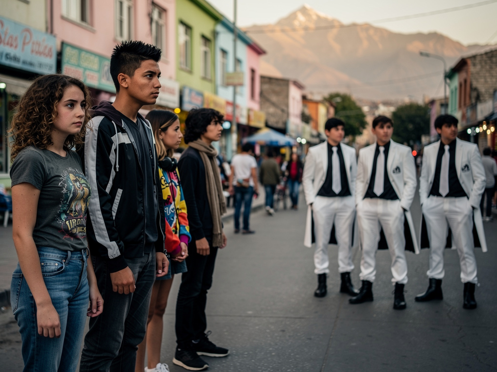 The Groups Looks Teenagers Males In Chile in The Mid 2000s They're Wearing White Suit and long Black shirt and white tie and 