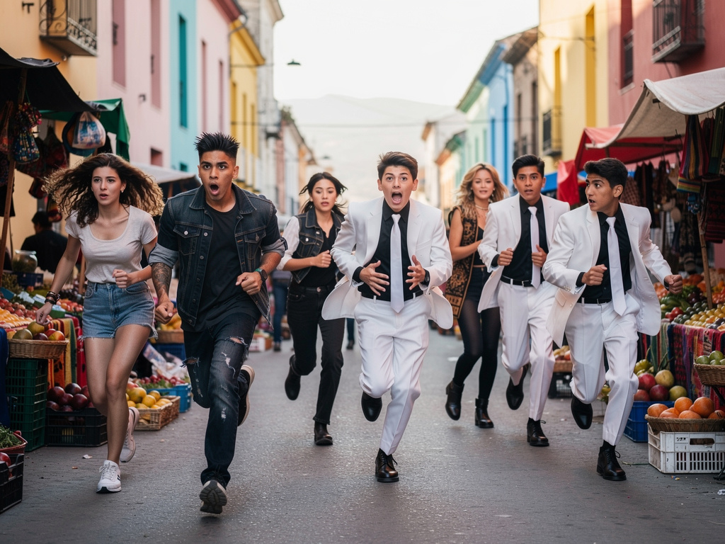 They're Chasing The Boys Wearing white Suit and long Black shirt and white tie and Black boots in Chile in Mid 2000s. Jason H