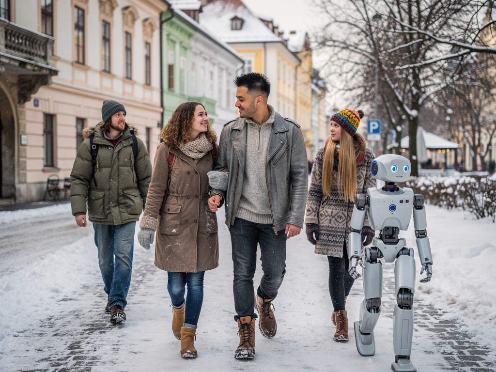 They're Walking Ljubljana in Slovenia late 1990s winter Mackenzie Sala asking Andrew Rivera Pierre I love Ya.