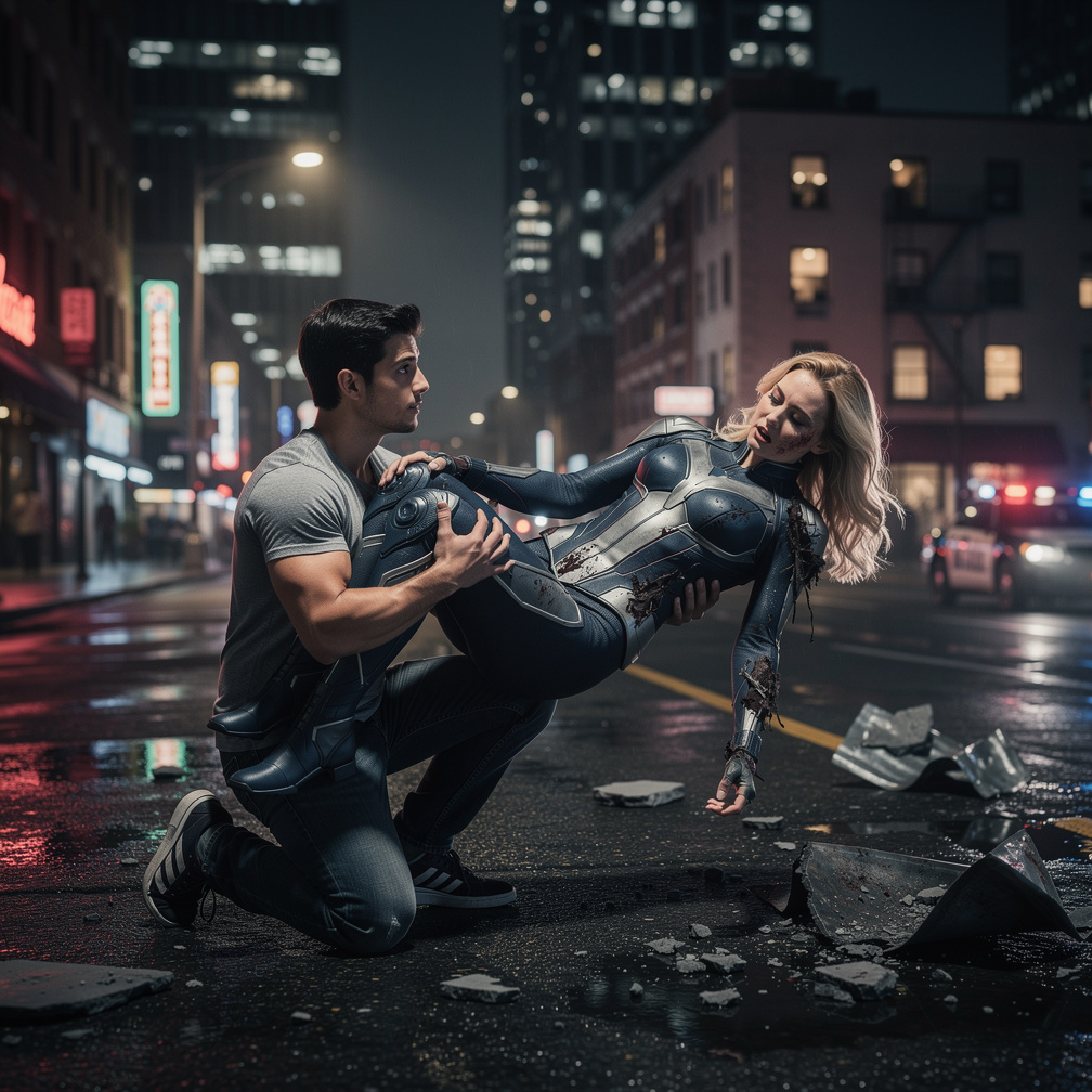 Imagine if: A story about a female superhero named Nightingale losing to a supervillain and is found by a fan of hers who tak