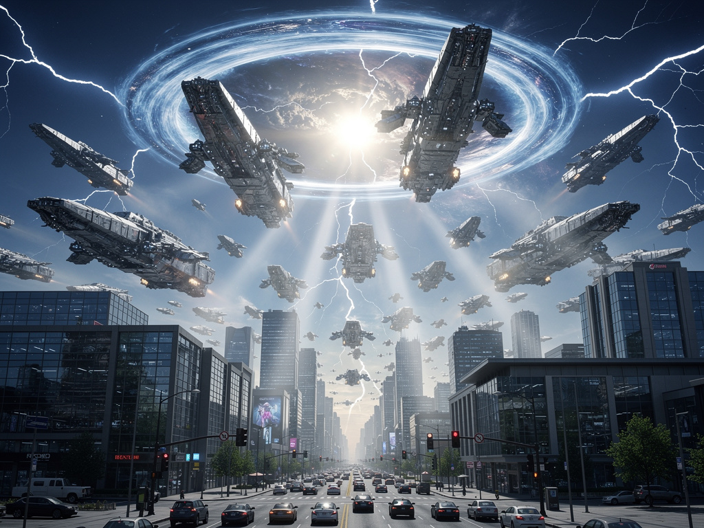 Imagine if: The sky cracked, and something like a portal appeared. From within, space fleets, large and small, emerged, and a