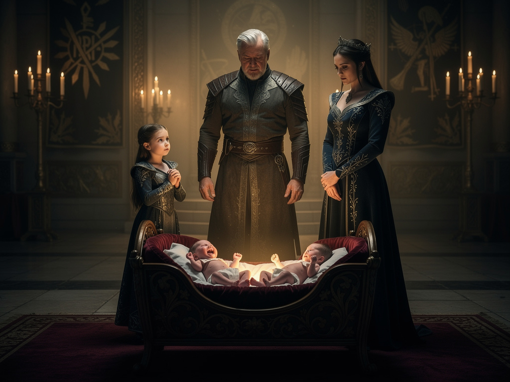 He stands with his empress and their daughter, looking at the twins they brought into the world. One cries helplessly, the ot