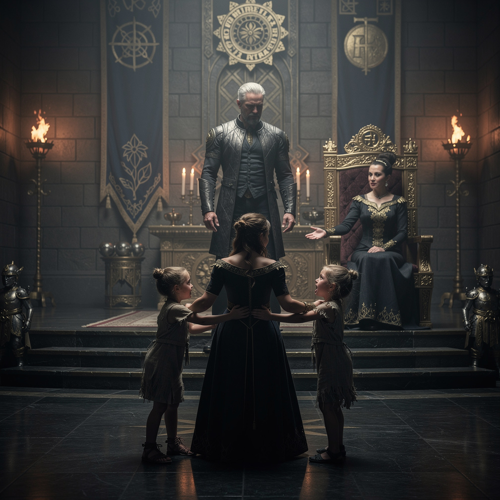 He rules as his children grow.
The twins often fought, and their older sister separates them.
The emperor looms over them, st