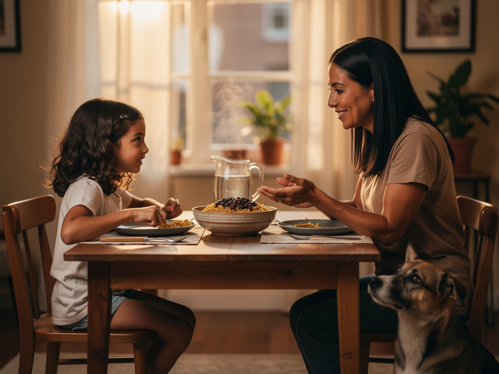 Dice Ana, buen aprovecho, la comida estará riquísima. Dice María, aprovecho, pero no comas muy rápido, eh.