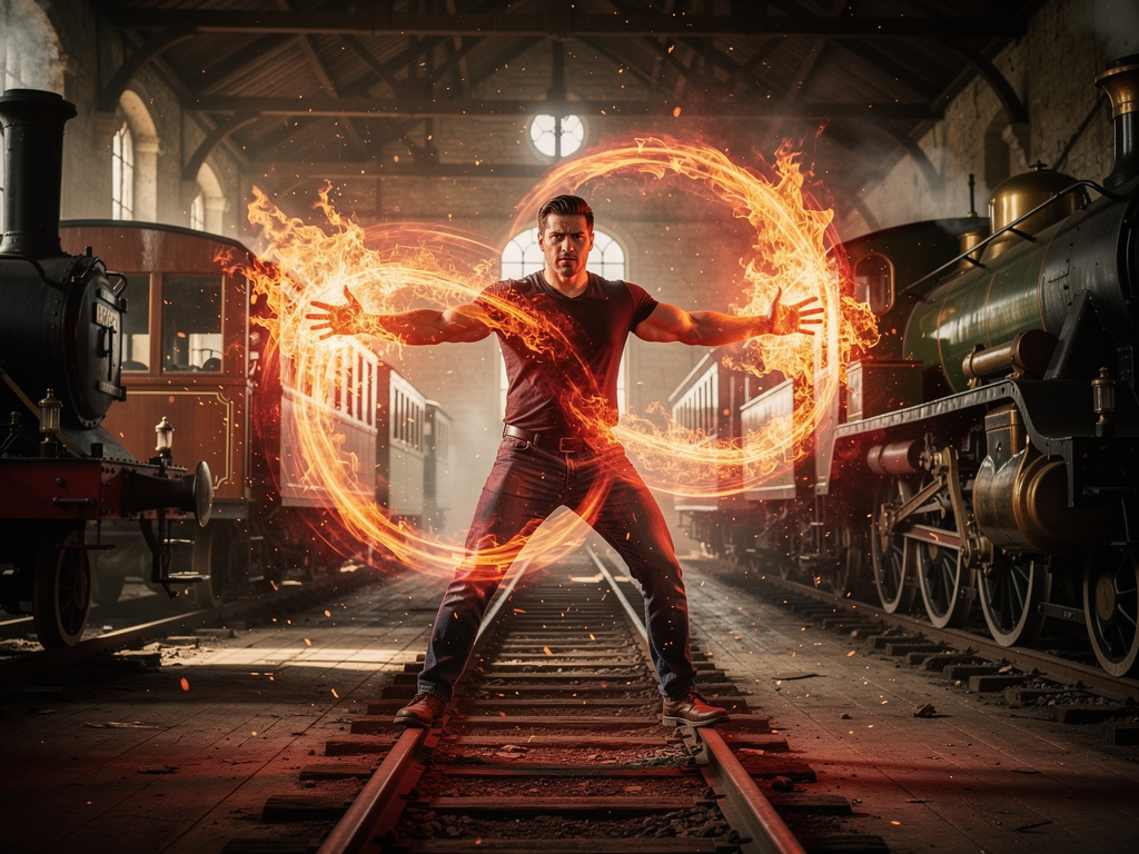 Nick Russell Shows his Fire Power to Trains in The old Manor house.