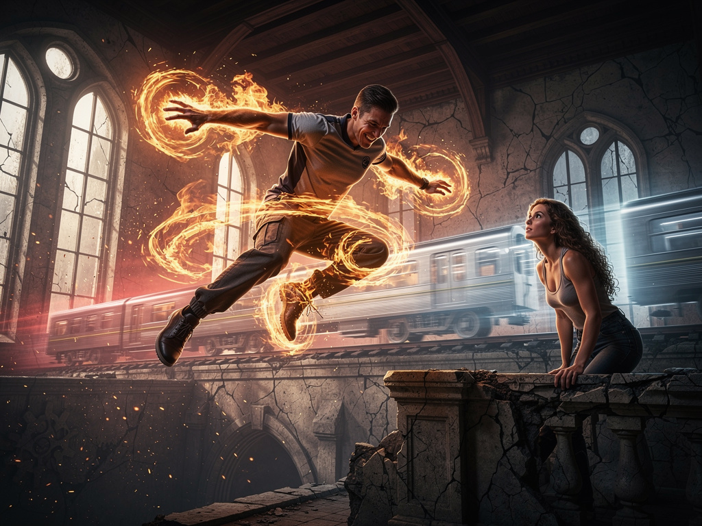 He jumps To the Train in the Old Manor House Shows Fire Power and Says Come to Papa and Parkour Tricks.