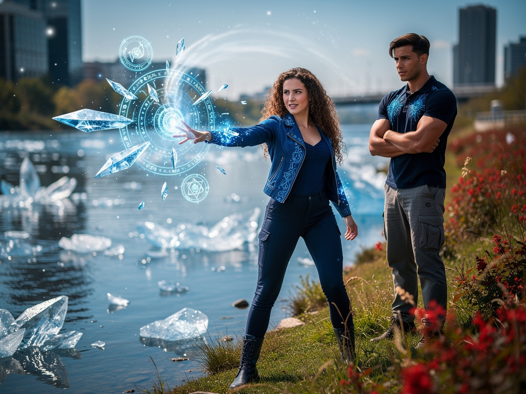 She Throws with Her Water Power in the River With ice.