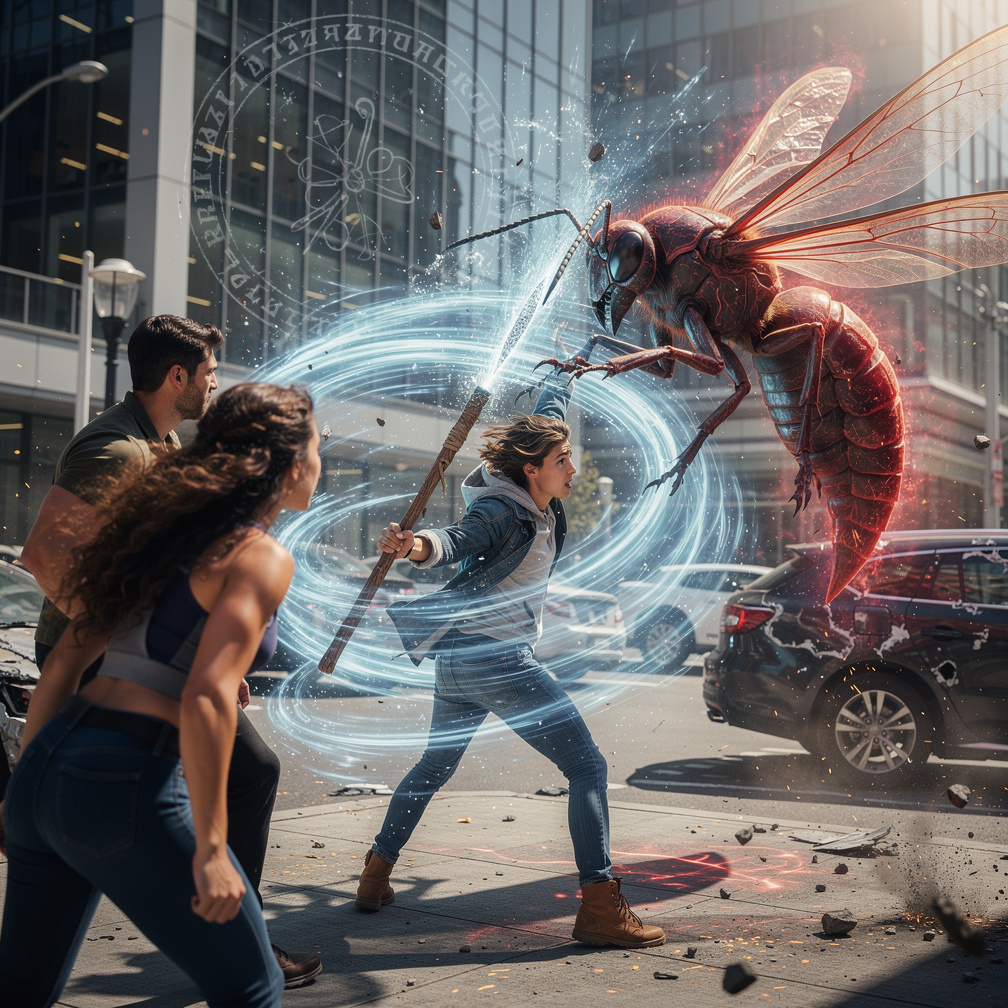 Leonn O'Brien shows His Stunts moves Gives long stick fight monster The Raiflesh Army Wasp and wind/air Power.