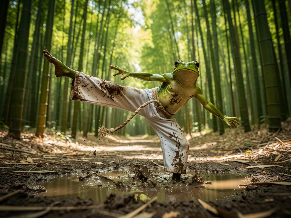 Imagine se: Faz um sapo dançar capoeira com uma corda de capoeira na cintura e uma calça de capoeira toda branca e ele está t