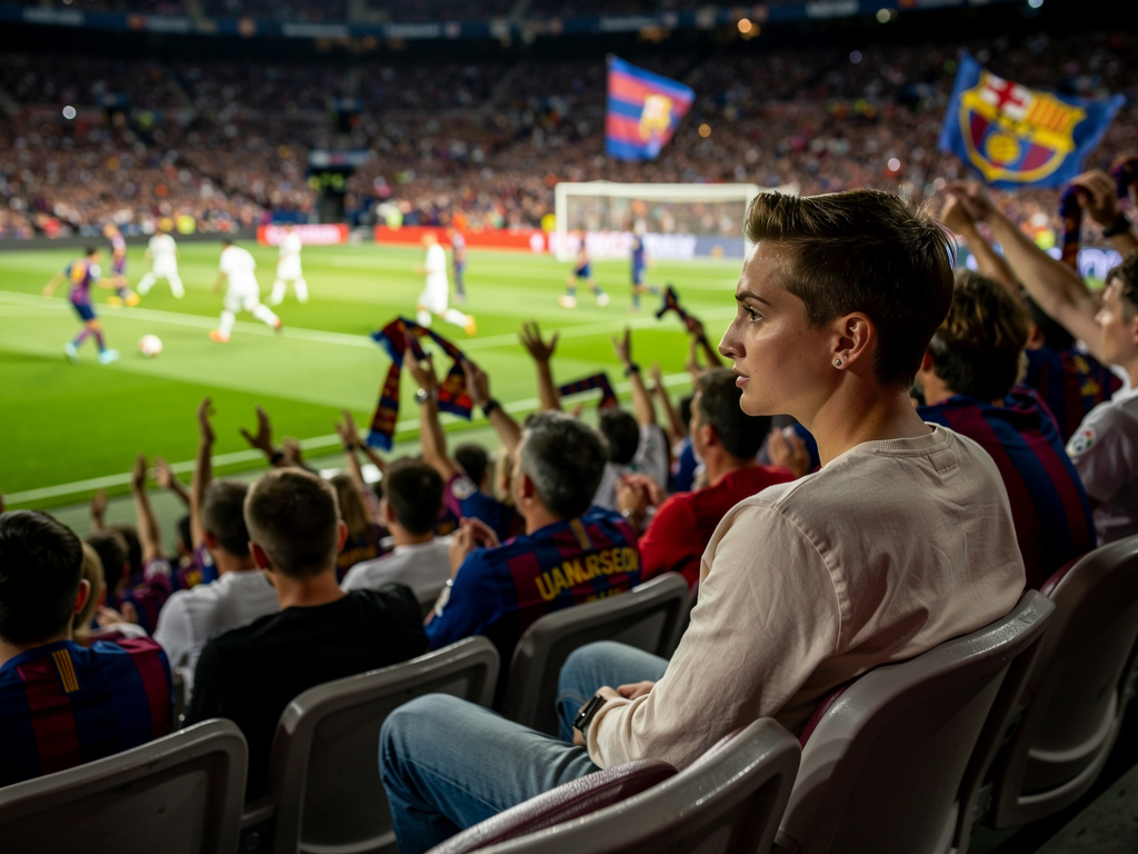 Imagine if: realistic sports broadcast screenshot-style documentary photo set in the spectator stands of a La Liga FCB vs RMA
