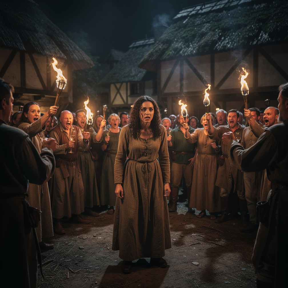 Then all the people appear holding torches and saying 'burn the witch' repeatedly walking around you circular and glaring at