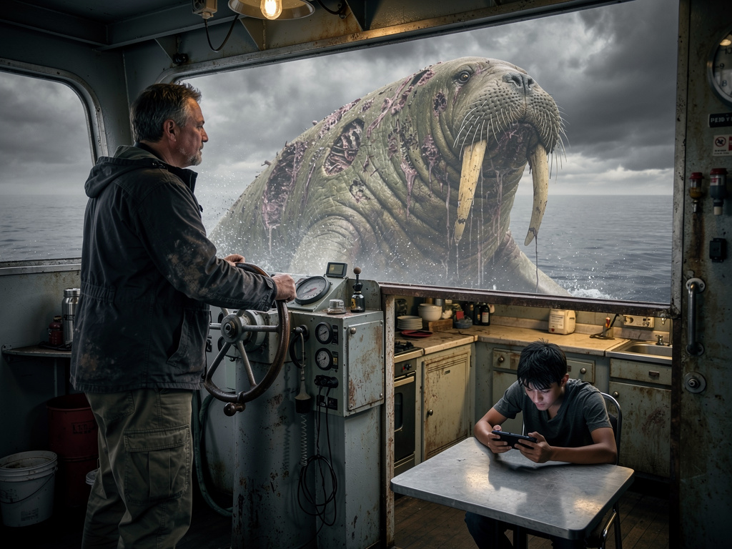 Without Us Knowing A Massive Titan-Like Walrus With Big Tusks Who Is Infected By Zombie Followed Our Cargo Ship Behind And We