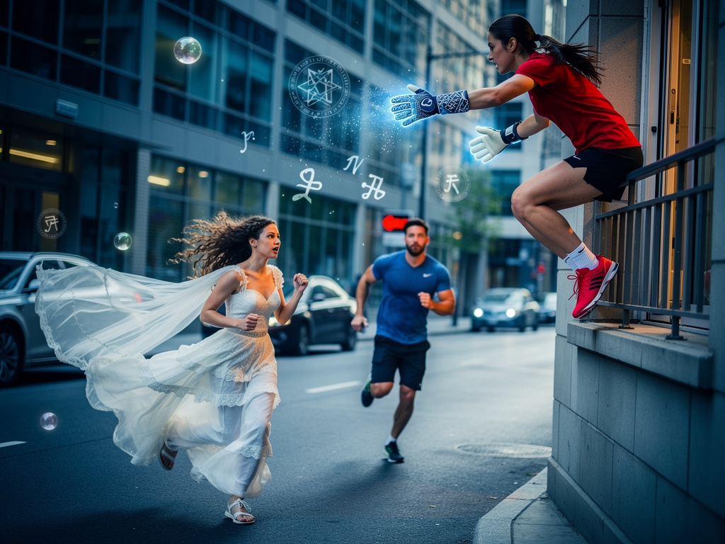 Emilia Fong looks at Mysterious Girl Wears white Bride. She Takes Her Magical Goalkeeper Gloves And Jumps to the window she r