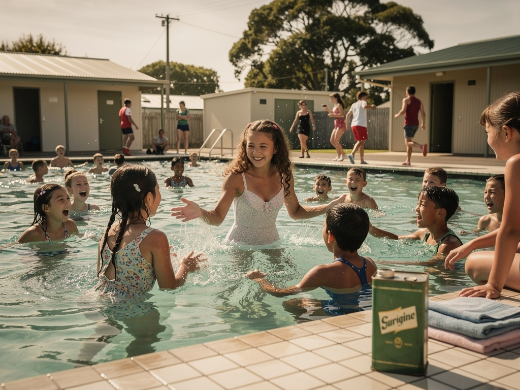 The two girls playing swimming and splashing in the other kids Samantha Dawkins asks other children.