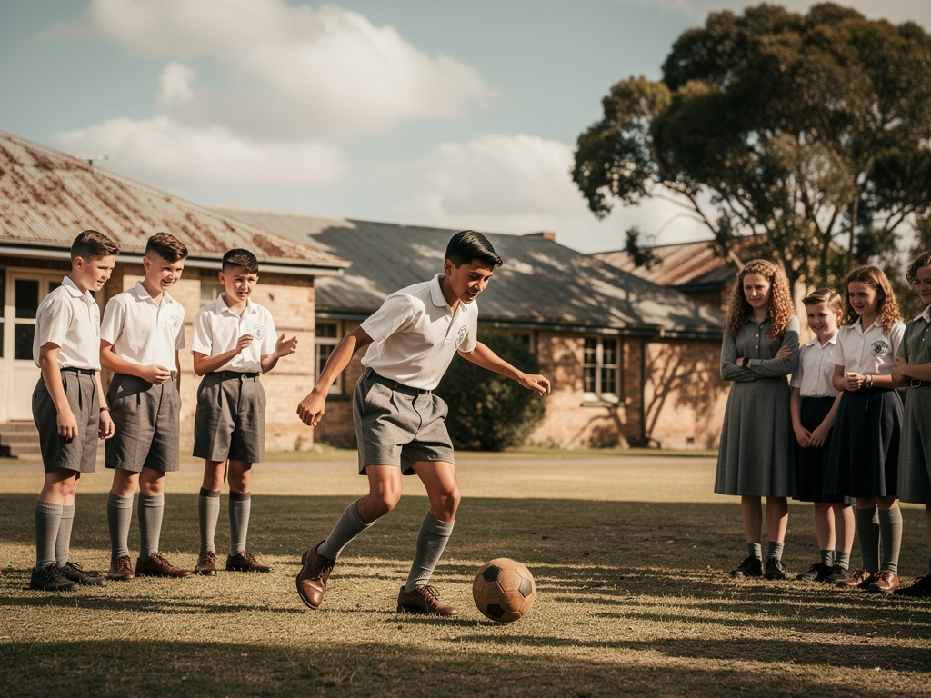The Next Day In the school Timothy Riley playing soccer skills with friends Nelson Jones.