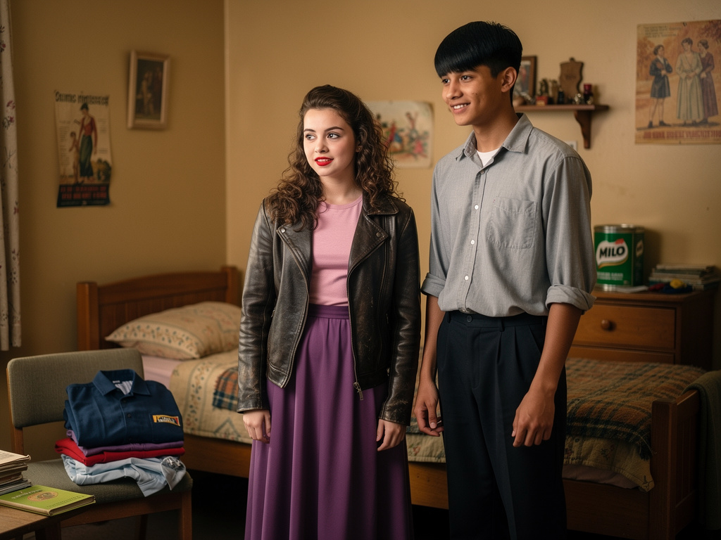 They're Going To Teenager's Crib at Inside Samantha Dawkins with Make up and Red lips Pink Shirt and Long Purple Skirts Leath