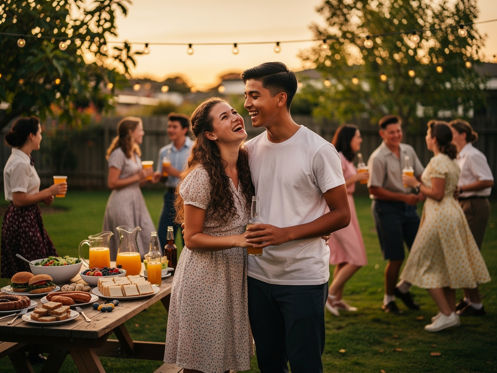 Teenagers Listen Soul And Rock and Roll Music Having Party at Outside At BBQ with Drinks and Surprises.