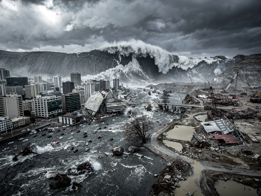 it would cause a massive tsunami engulfing nearby cities and villages in water.