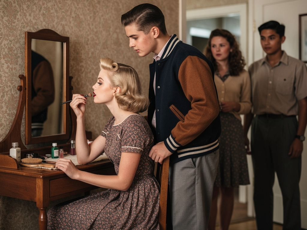 The Blonde Olivia Sparkle With Her Boyfriend Named Roger McDonald Wears Varsity Jacket She Makeup And Dark Lips.