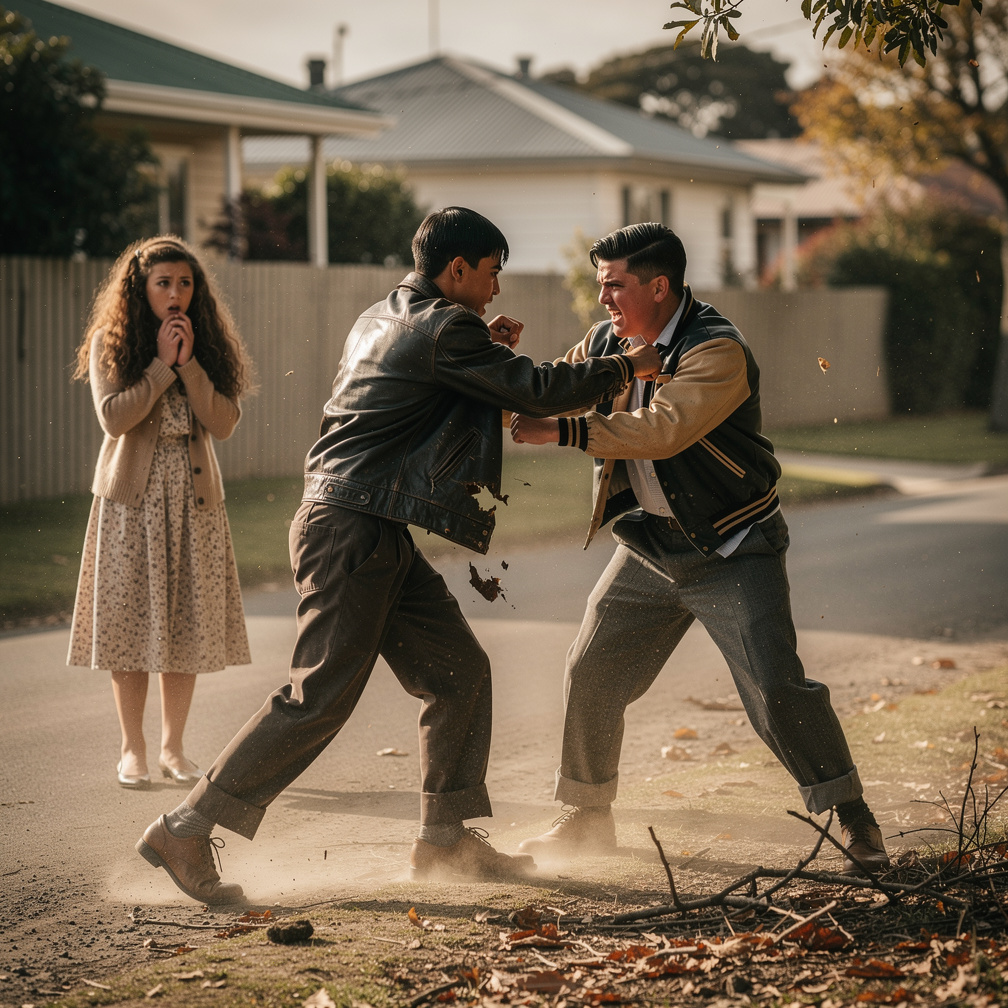 Starts Fighting Together Roger McDonald VS Timothy Riley Roger's Varsity Jacket Timothy's Leather Jacket.