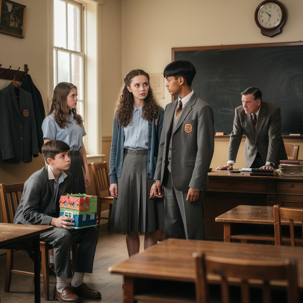 School principal looks the two boys are fighting about Olivia sparkle tasks papier they're hurts and painful.