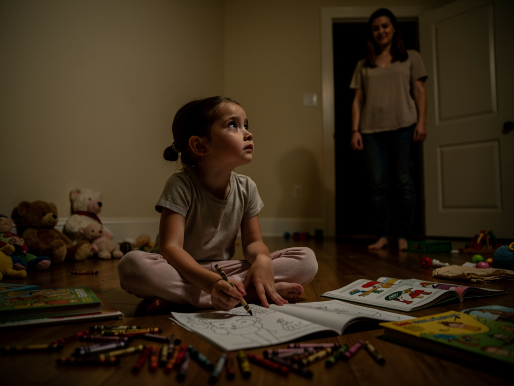 Imagine if: The babysitter thought the little girl was joking.
“Don’t go in my brother’s room,” Lily whispered while drawing