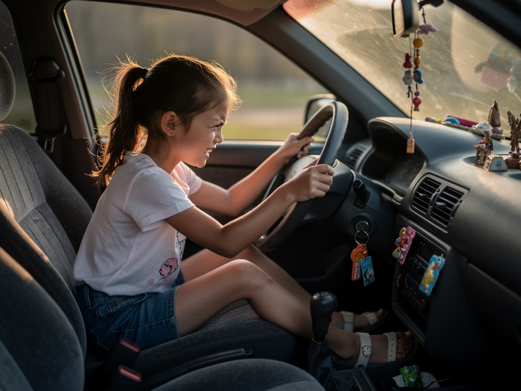 Immagina se: ragazza anime seduta in auto che gira la chiave ma l'auto non parte mentre preme il pedale con i sandali.