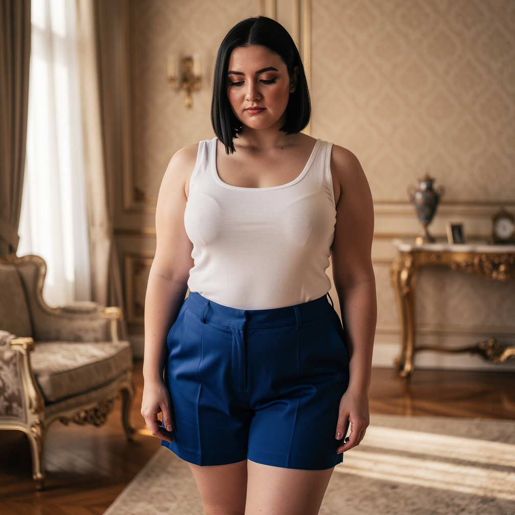 Alana aparece em pé no meio da sala. Vestindo um short azul Royal e uma regata branca. Linda. Aguardando a ordem de seu mestr