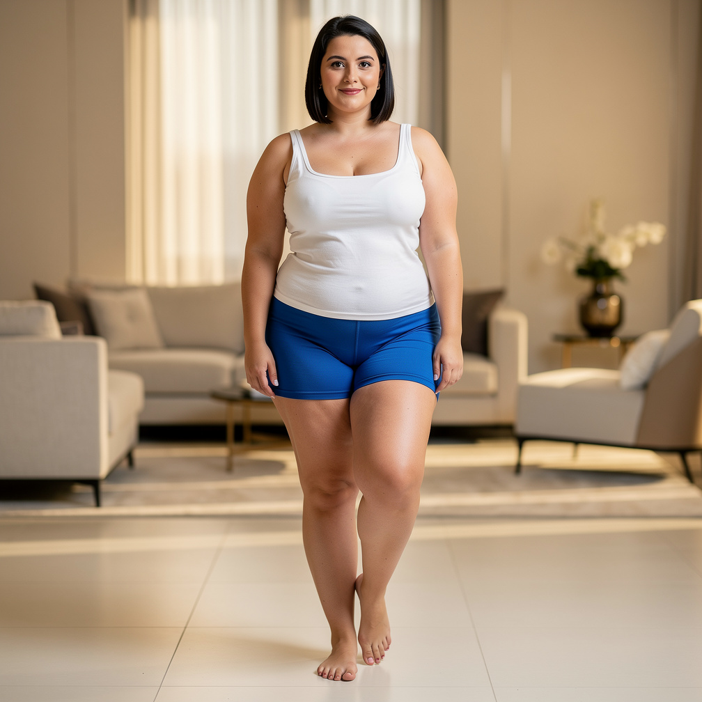 Alana sorri, com pele branquinha, linda. Pés delicados no chão da sala. Coxas e panturrilhas grossas e malhadas no short azul