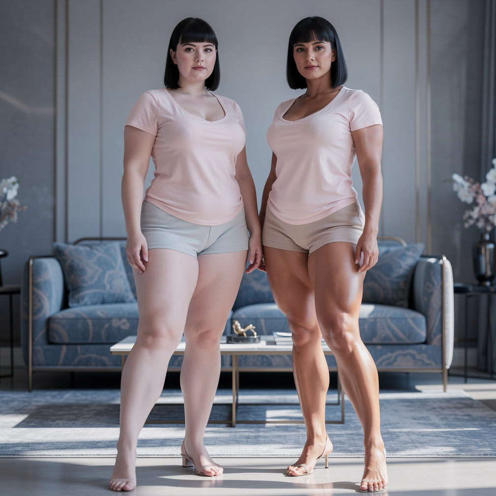 Representação gráfica das duas almas. A Alana gordinha e a Alana malhada. Ambas expondo as pernas grossas e malhadas. Lindas.