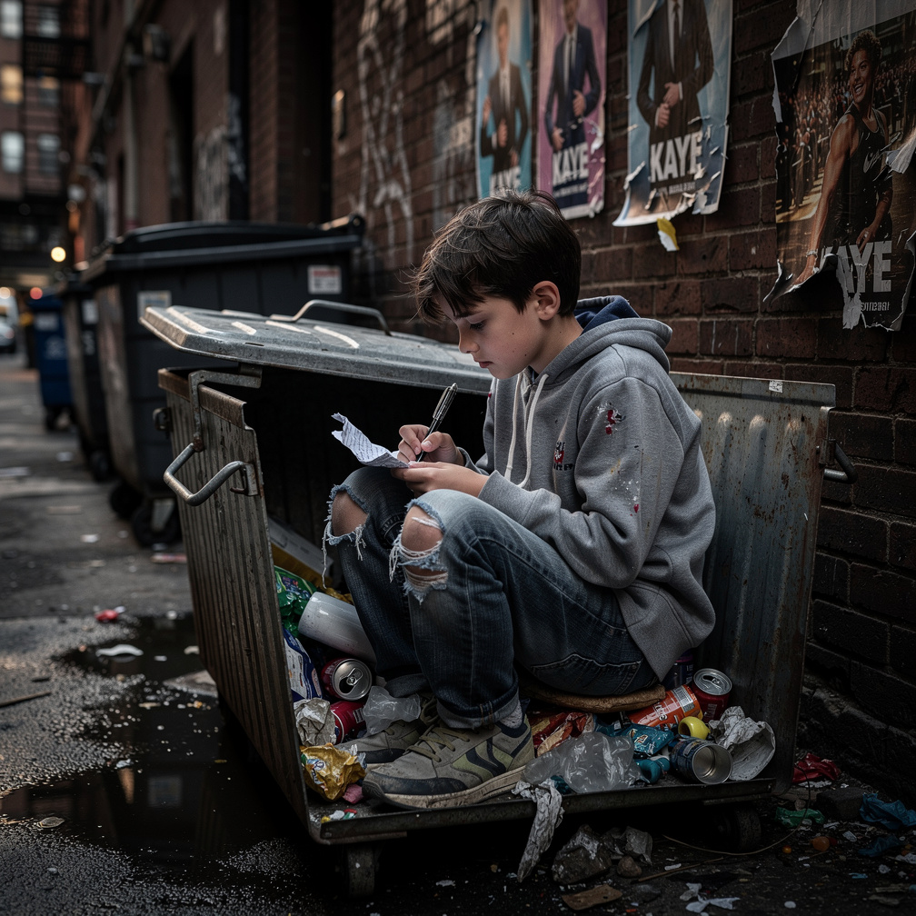 When the kid was outside living in a trash bin, the kid wrote a letter to her mom and said, 'One day I will be famous like Ka