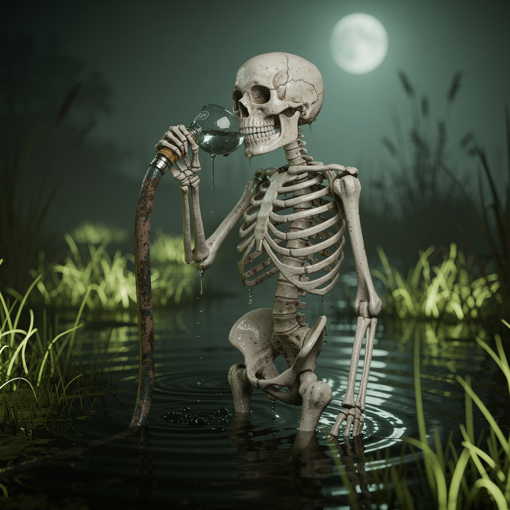 Imagine if: 🧠Main Scene
Place the skeleton character standing knee-deep in a glowing grassy swamp while casually drinking c
