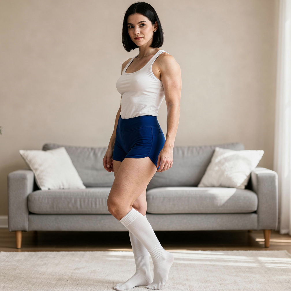A pele delicada de Alana. Seu tronco delicado e feminino em contraste com as pernas grossas.