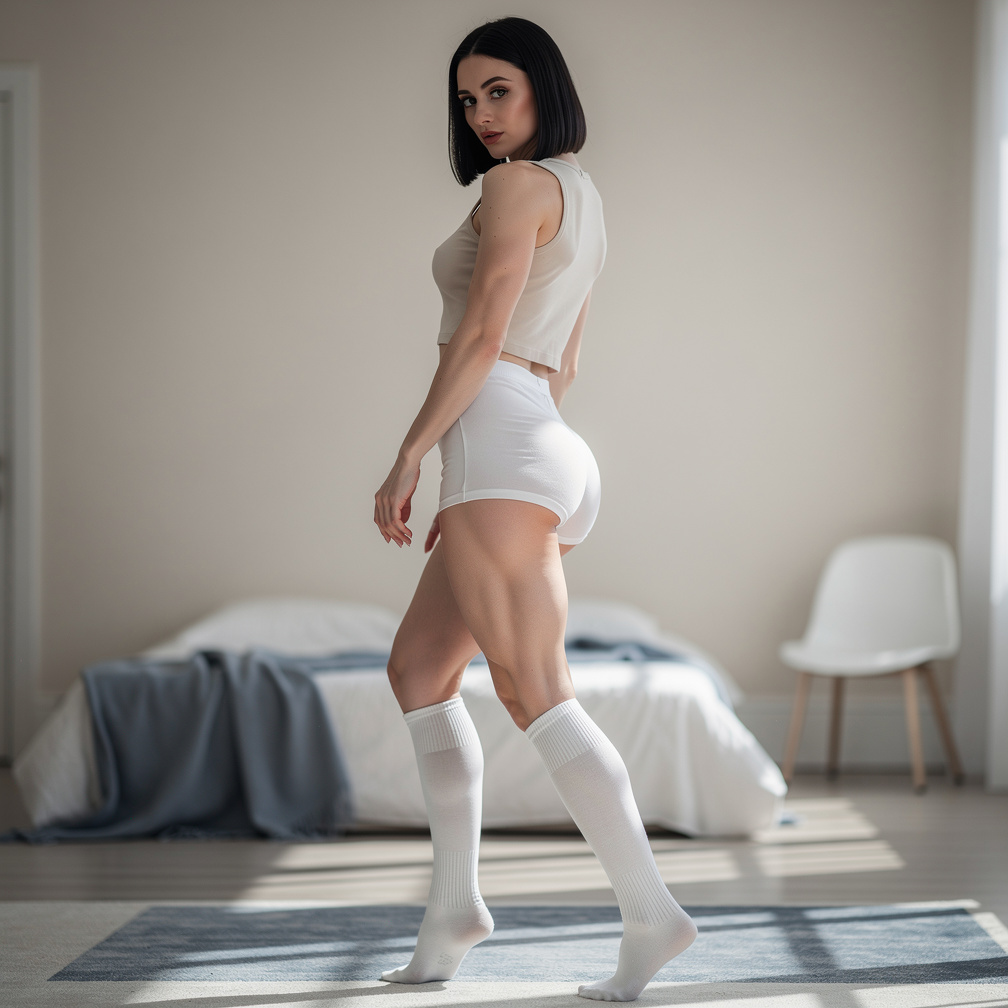 Alana faz uma pose para exibir suas pernas grossas, pele pálida e branca. Seu tronco delicado. Ela se exibe em uma tentativa 